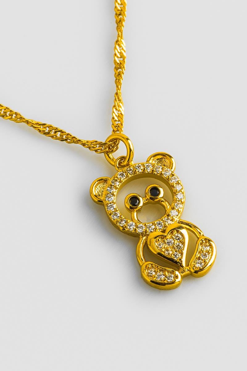 COLAR URSO CRAVEJADO EM ZIRCÔNIAS 17MM CORRENTE SINGAPURA 45CM OURO