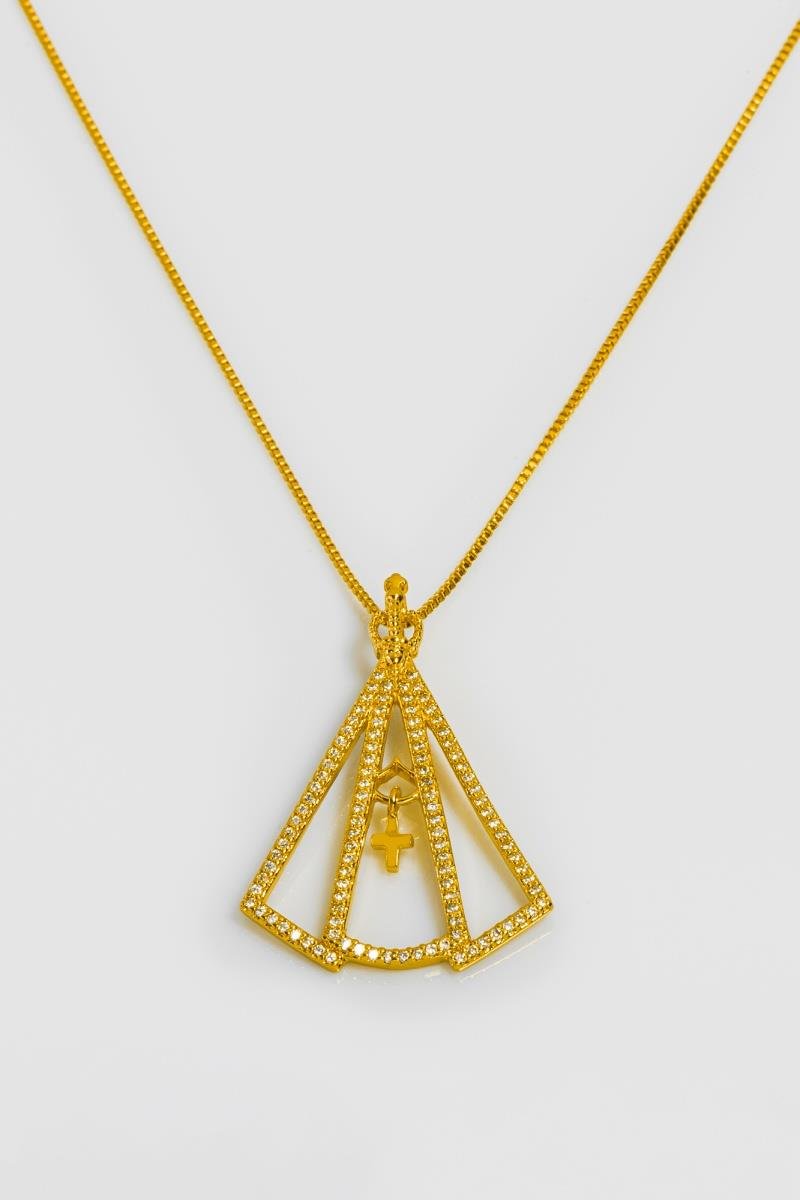 COLAR COM PINGENTE NOSSA SENHORA CRAVEJADA EM ZIRCÔNIAS 38MM CRUZ CORRENTE VENEZIANA 45CM OURO