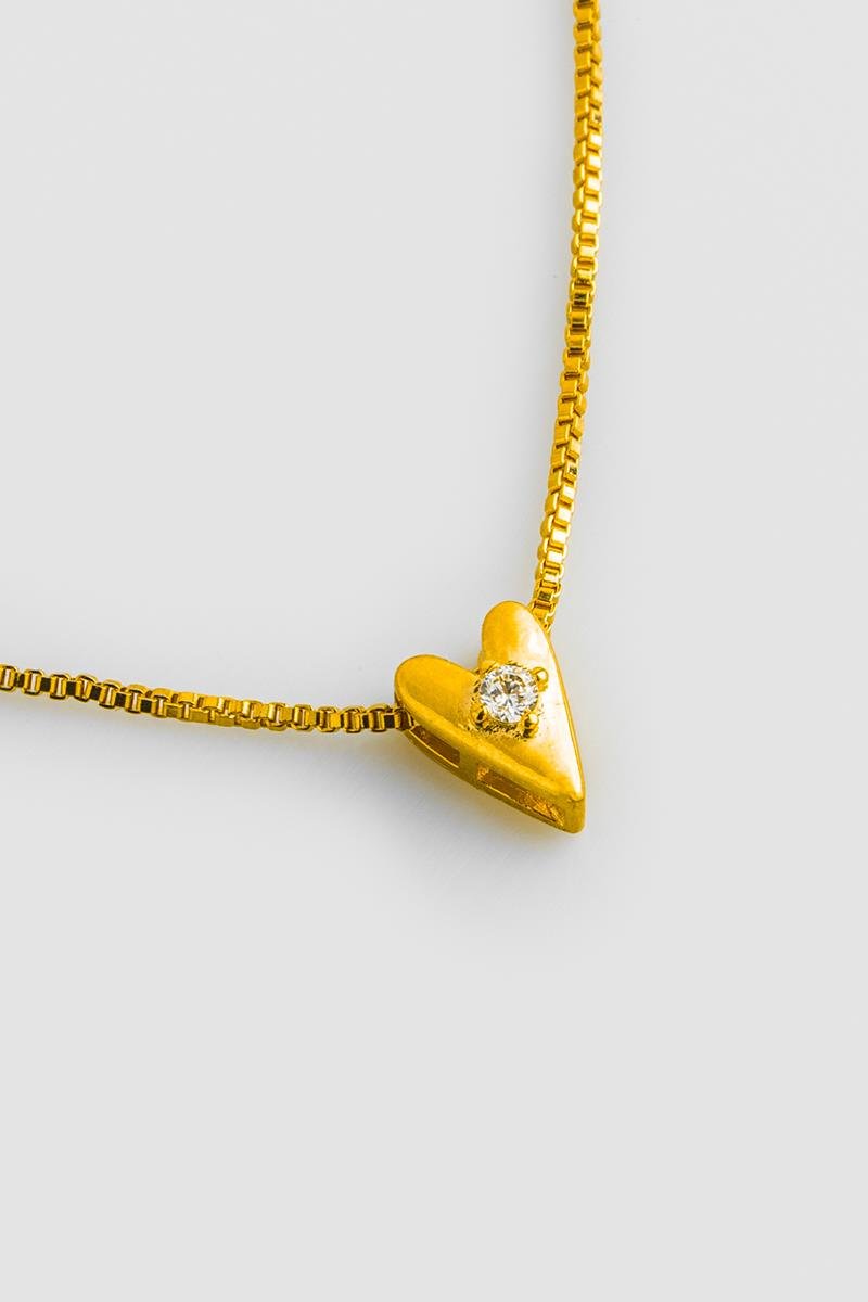 COLAR CORAÇÃO LONGO LISO PONTO DE LUZ ZIRCÔNIA CORRENTE VENEZIANA 45CM OURO
