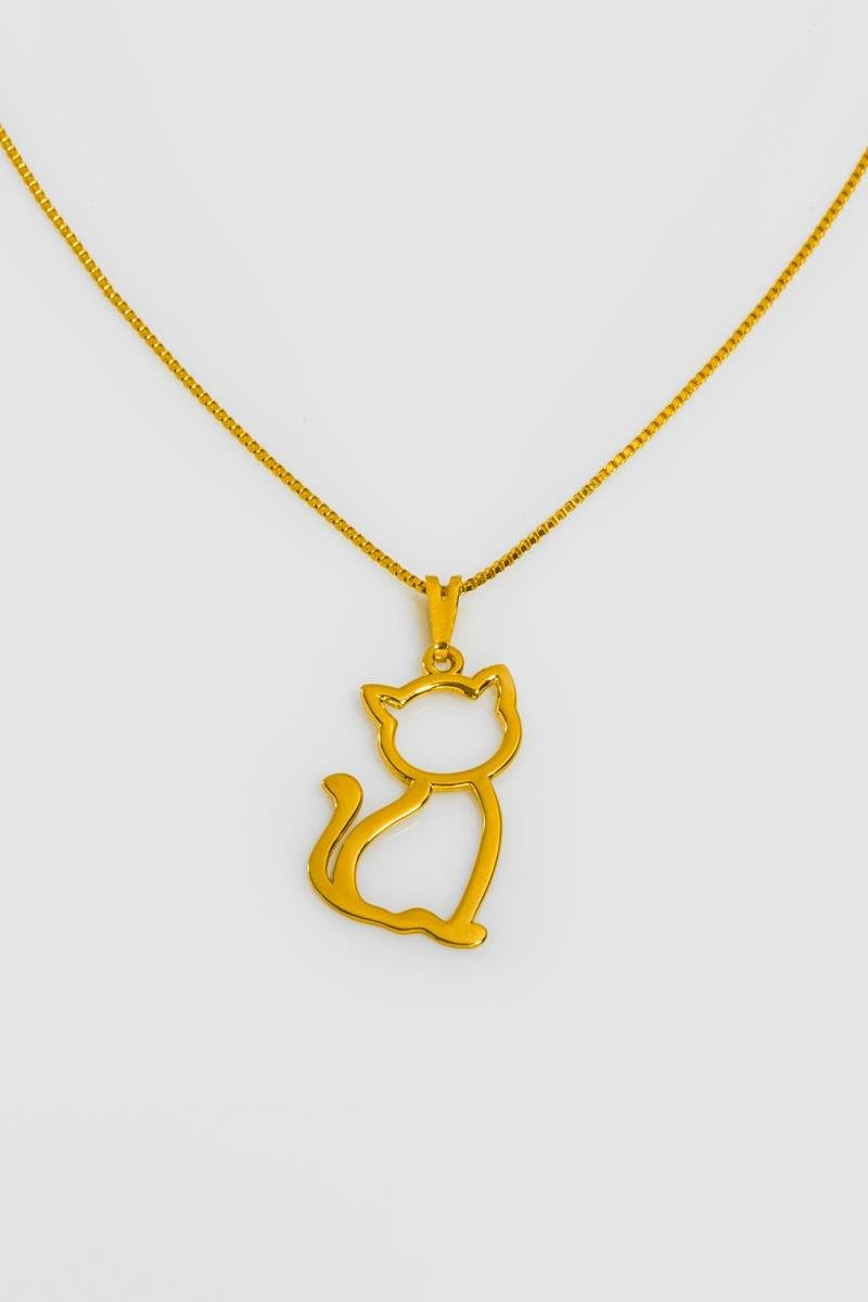 COLAR COM PINGENTE DE GATINHO LISO VAZADO COM CORRENTE VENEZIANA 45CM OURO