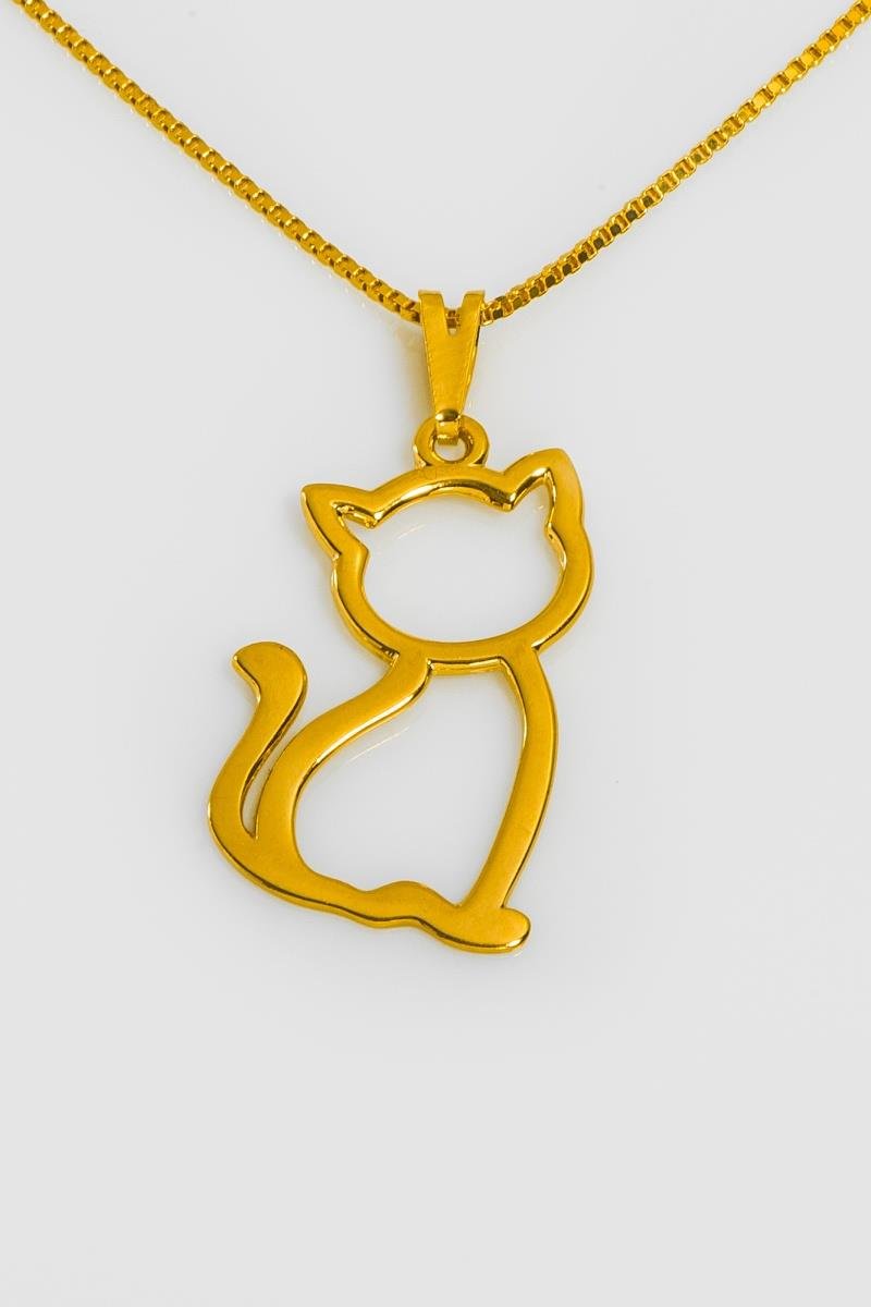 COLAR COM PINGENTE DE GATINHO LISO VAZADO COM CORRENTE VENEZIANA 45CM OURO