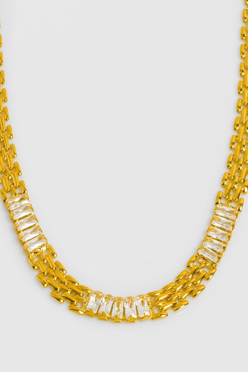 COLAR CHOKER MALHA RELÓGIO BAGUET ZIRCÔNIAS OURO