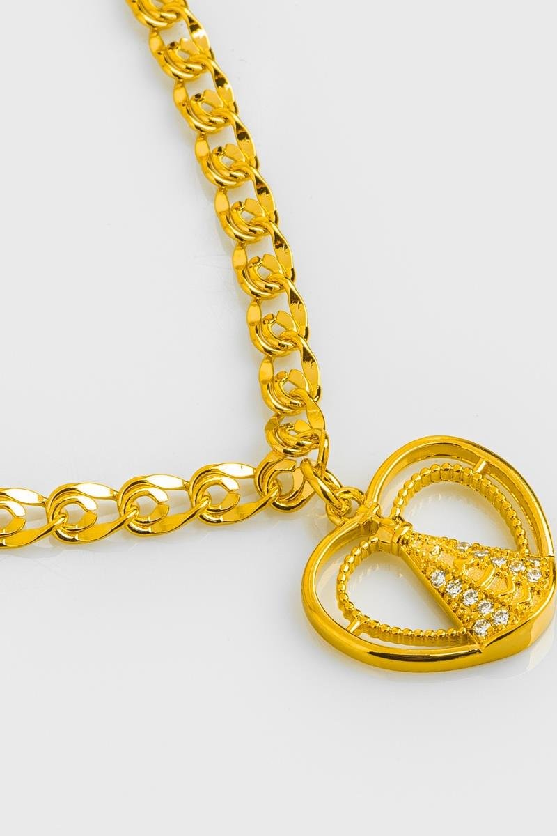 COLAR NOSSA SENHORA CRAVEJADA EM ZIRCÔNIAS CORAÇÃO BOLEADO ELO DUPLO OVAL OURO