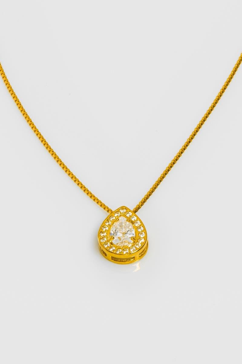 COLAR GOTA CRAVEJADO EM ZIRCÔNIAS CRISTAL 10X12MM CORRENTE VENEZIANA 45CM OURO