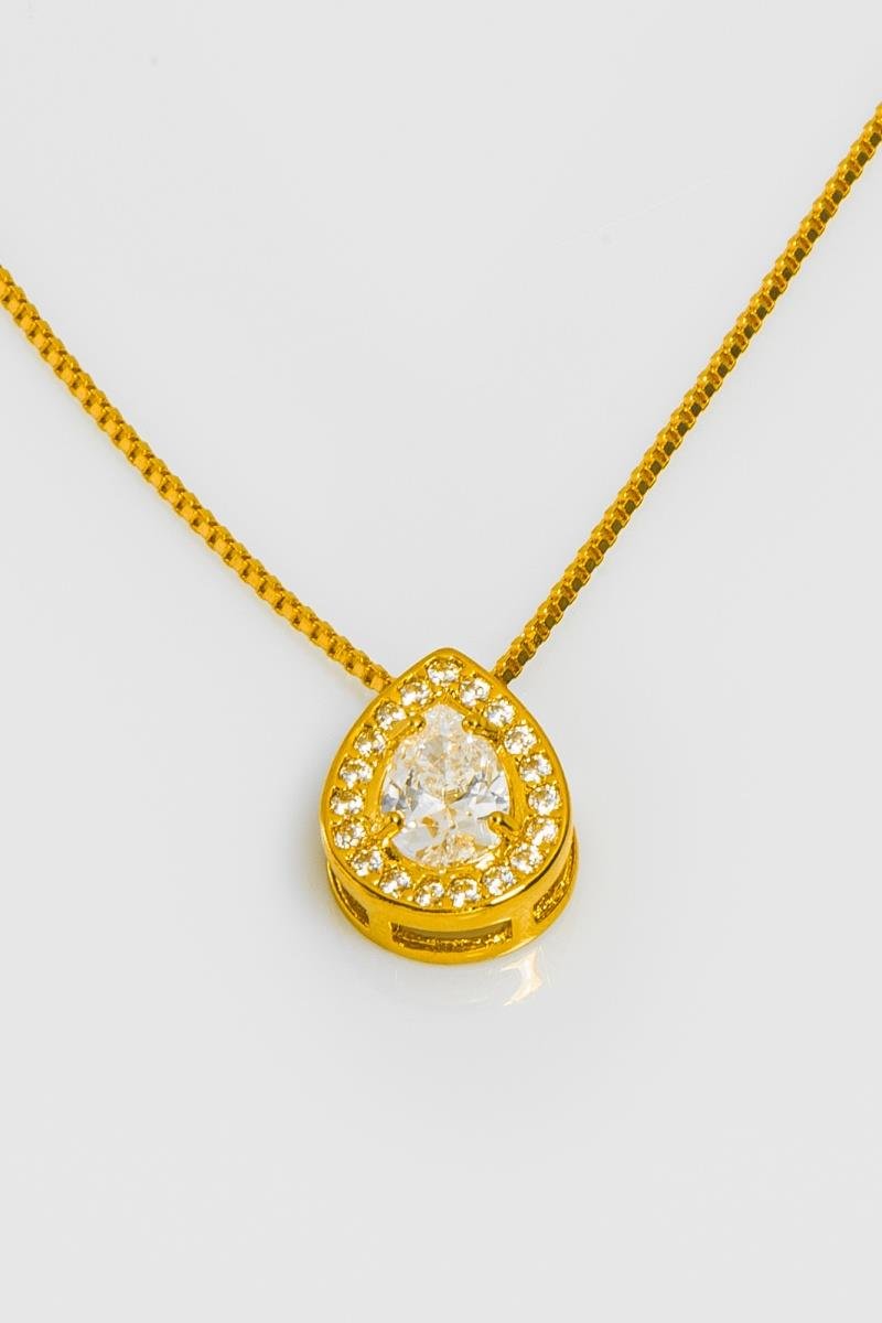 COLAR GOTA CRAVEJADO EM ZIRCÔNIAS CRISTAL 10X12MM CORRENTE VENEZIANA 45CM OURO