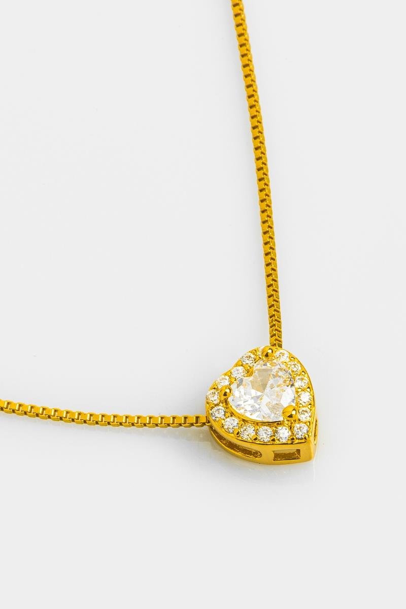 COLAR CORAÇÃO CRAVEJADO EM ZIRCÔNIAS PONTO DE LUZ CORRENTE VENEZIANA 45CM OURO