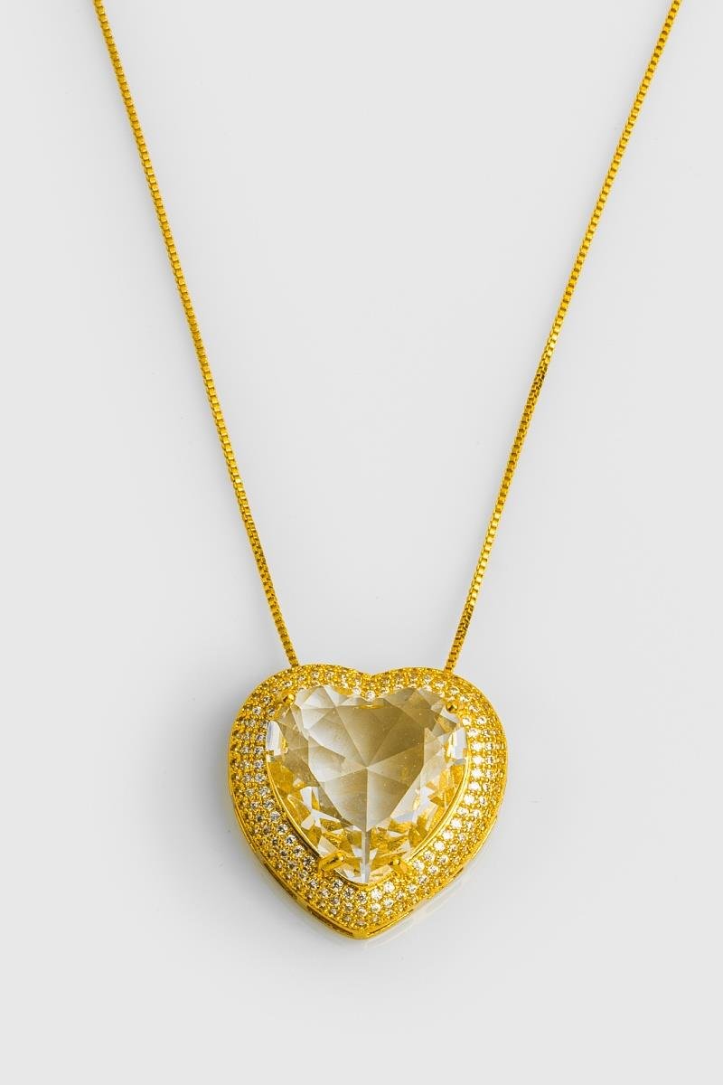 COLAR CORAÇÃO CRAVEJADO EM ZIRCÔNIAS COM CRISTAL 24X25MM OURO