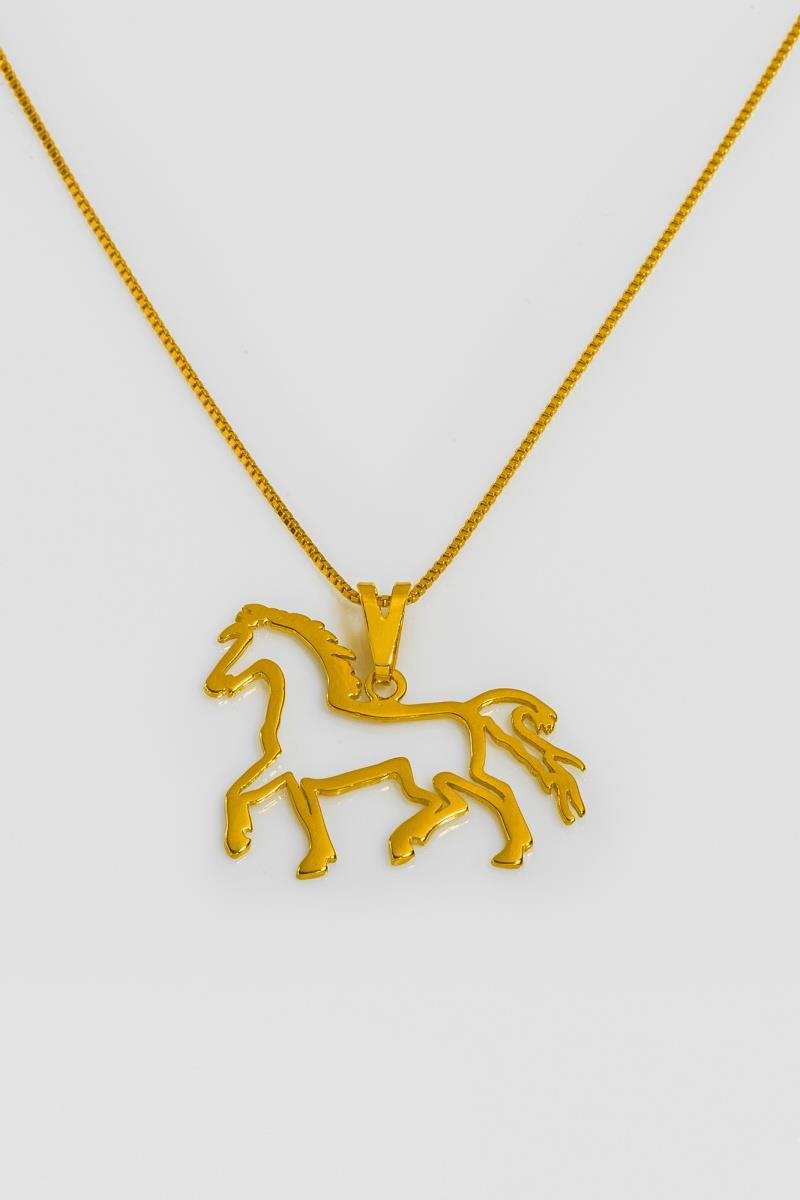 COLAR COM PINGENTE DE CAVALO LISO VAZADO CORRENTE VENEZIANA 45CM OURO