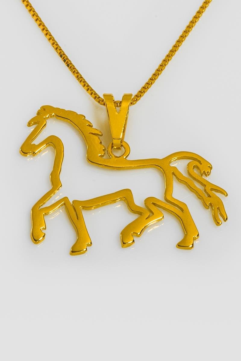COLAR COM PINGENTE DE CAVALO LISO VAZADO CORRENTE VENEZIANA 45CM OURO