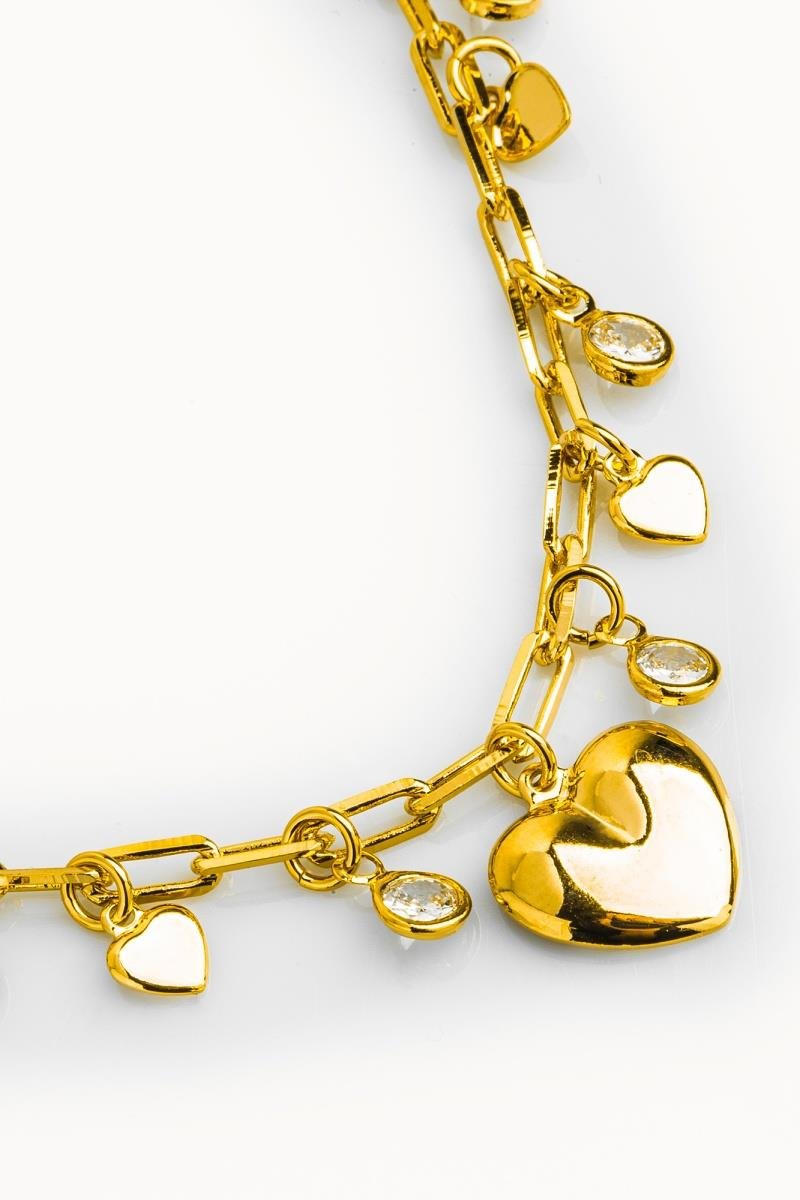 COLAR CHOKER CORAÇÕES LISO ZIRCÔNIAS ELO OVAL LONGO 31CM OURO