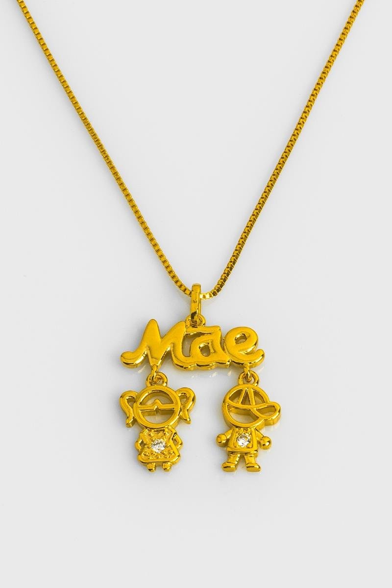 COLAR MÃE CASAL DE FILHOS COM ZIRCÔNIA CORRENTE DE 45CM OURO