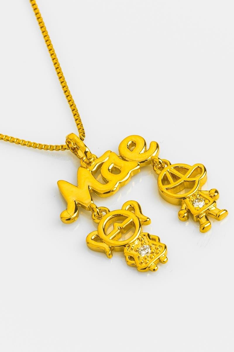 COLAR MÃE CASAL DE FILHOS COM ZIRCÔNIA CORRENTE DE 45CM OURO