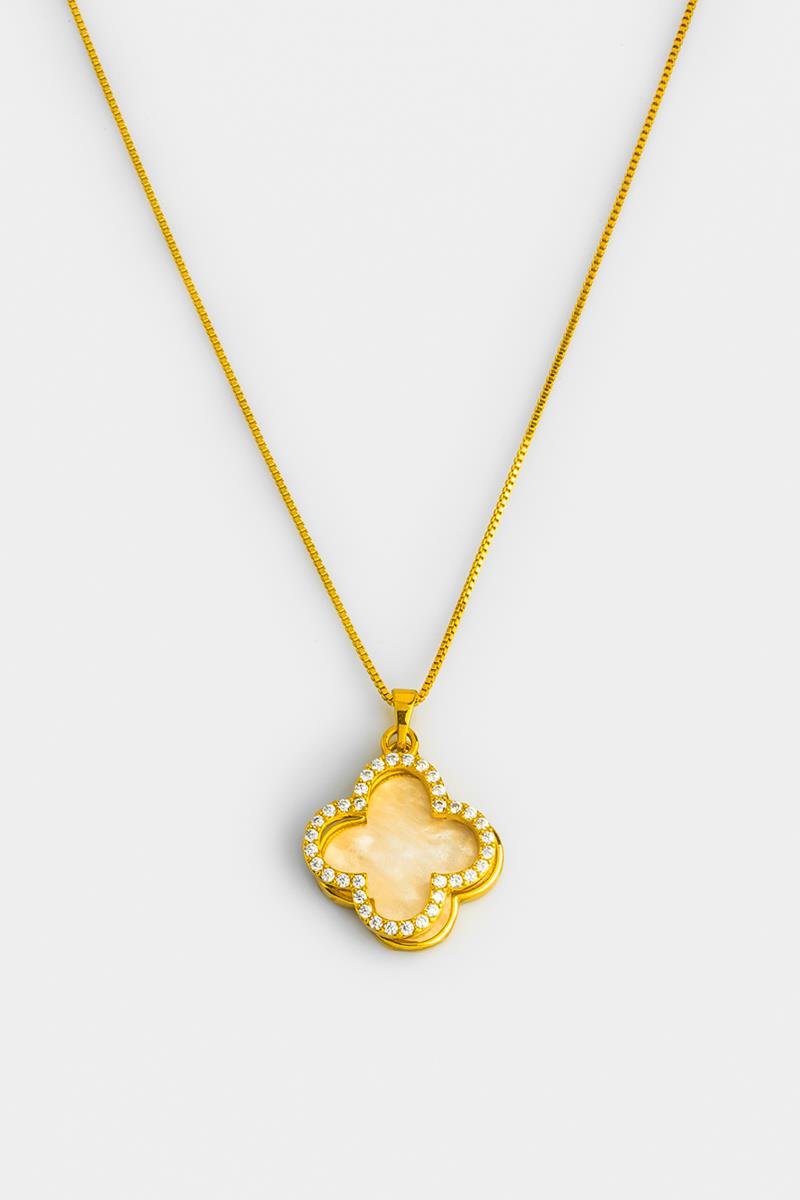 COLAR TREVO DUPLO MADREPÉROLA CRAVEJADO EM ZIRCÔNIAS 20MM CORRENTE VENEZIANA 45CM OURO