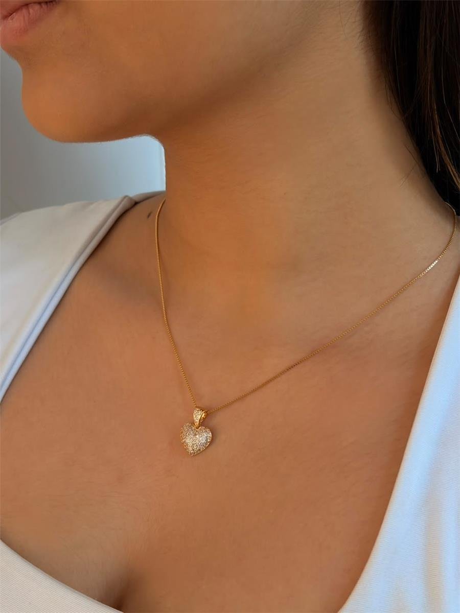 COLAR DE CORAÇÃO CRAVEJADO EM ZIRCÔNIAS 14MM CORRENTE VENEZIANA 45CM OURO