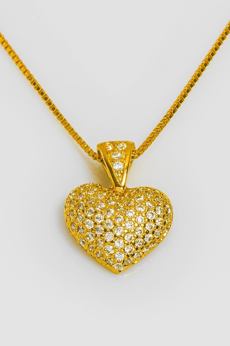 COLAR DE CORAÇÃO CRAVEJADO EM ZIRCÔNIAS 14MM CORRENTE VENEZIANA 45CM OURO