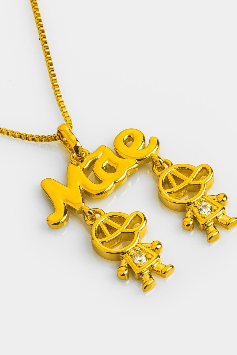 COLAR MÃE DOIS MENINOS COM ZIRCÔNIA CORRENTE DE 45CM OURO