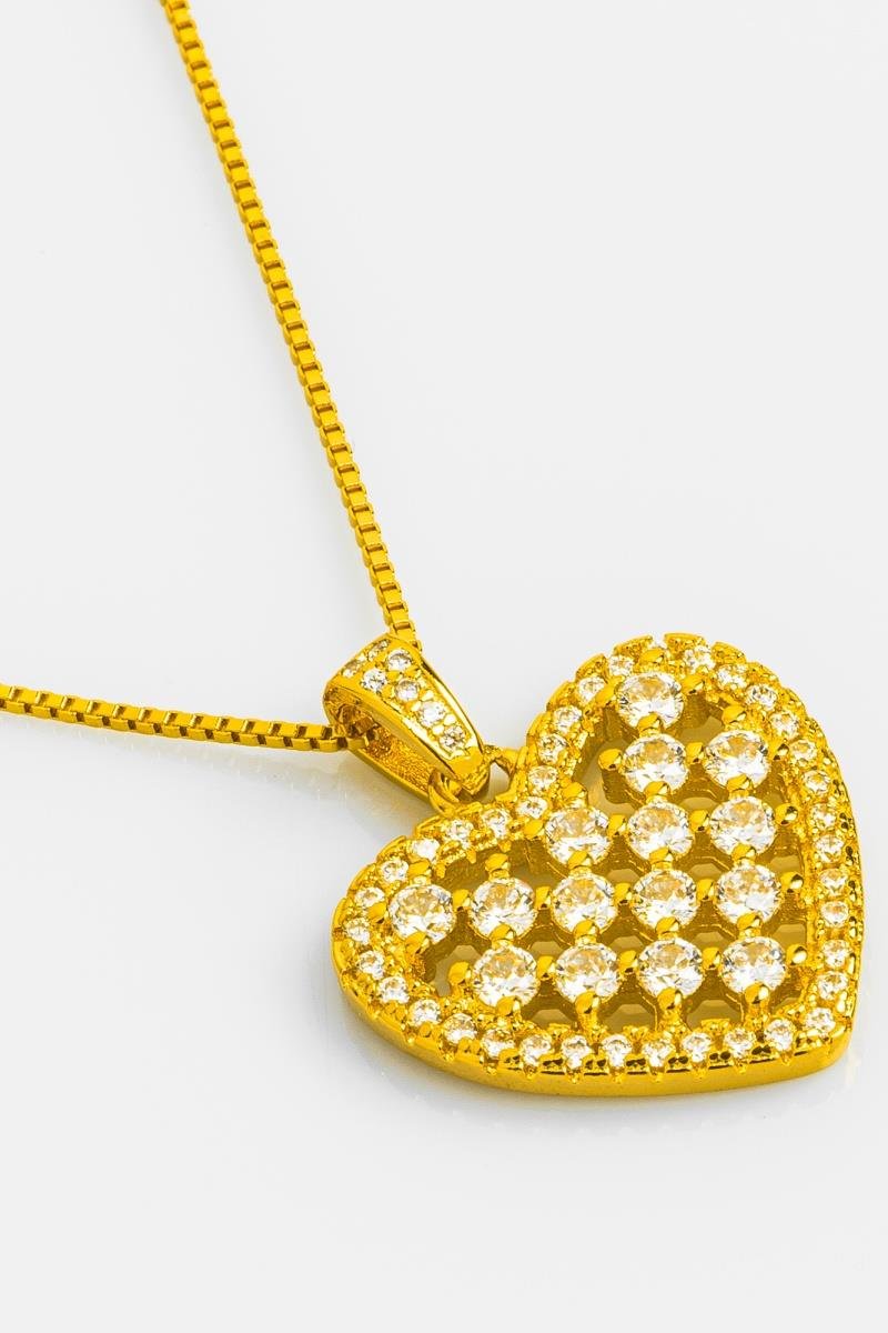 COLAR CORAÇÃO CRAVEJADO EM ZIRCÔNIAS VAZADO CORRENTE VENEZIANA 45CM OURO