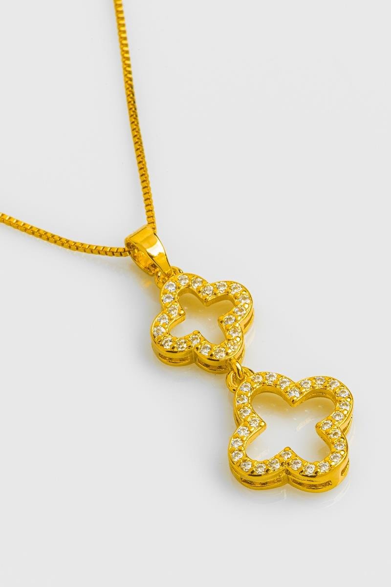 COLAR TREVO DUPLO CRAVEJADO EM ZIRCÔNIAS VAZADO OURO