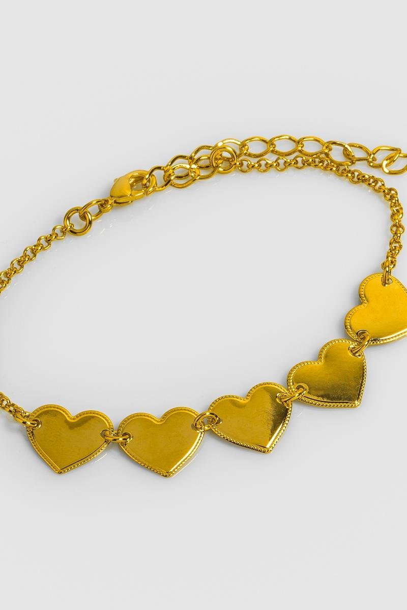 PULSEIRA CINCO CORAÇÕES LISO DETALHE BOLEADO ELO PORTUGUÊS OURO