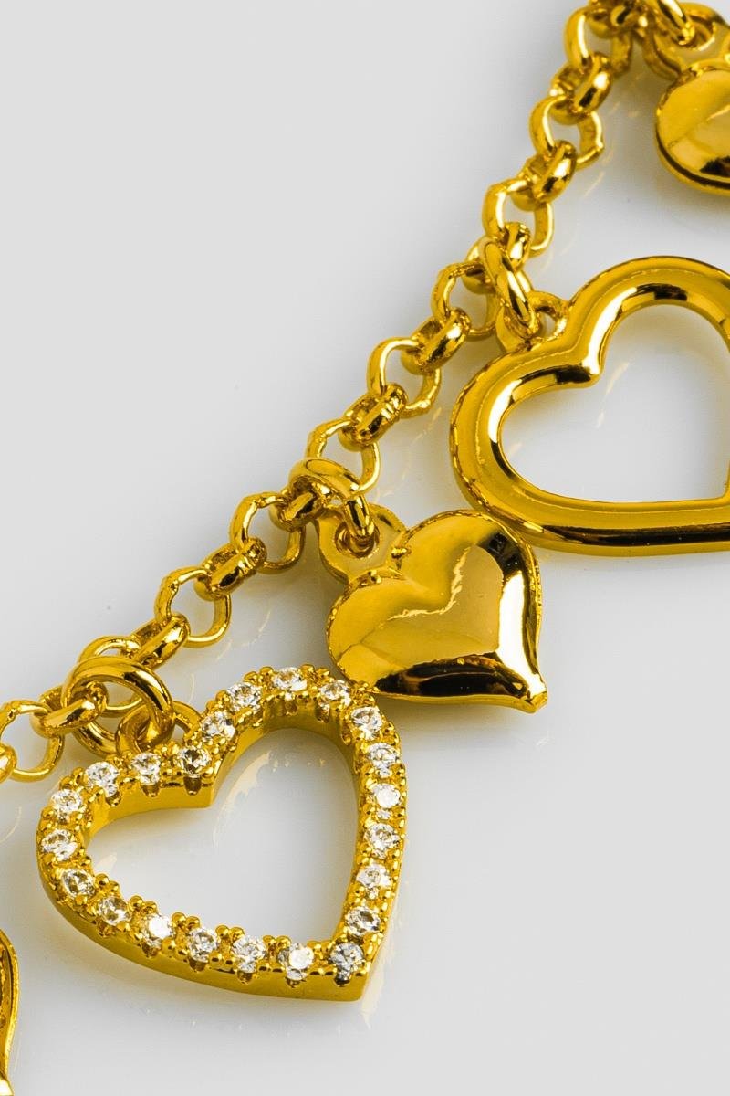 PULSEIRA CORAÇÕES CRAVEJADO EM ZIRCÔNIAS VAZADO LISO ELO PORTUGUÊS OURO