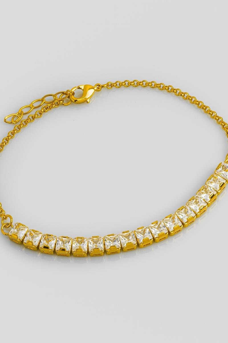PULSEIRA COM ZIRCÔNIAS QUADRADA ELO PORTUGUÊS OURO