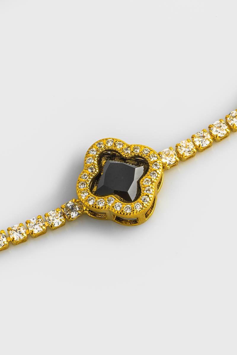 PULSEIRA RIVIERA COM TREVO CRAVEJADO EM ZIRCÔNIAS 14MM OURO