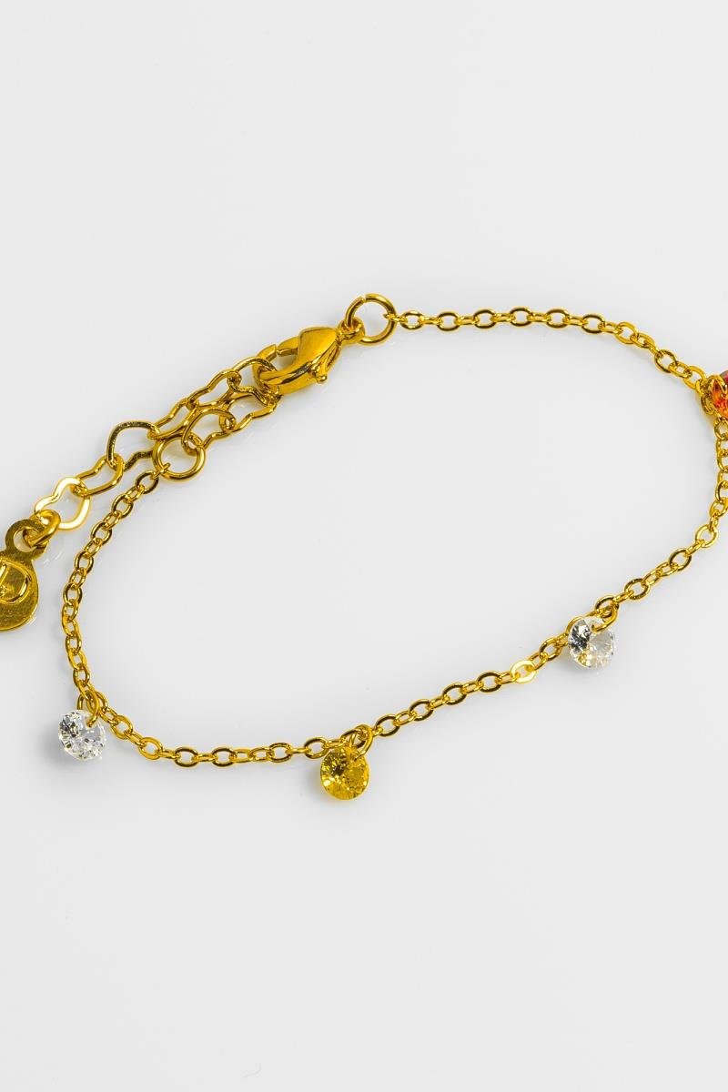 PULSEIRA INFANTIL COM ZIRCÔNIAS COLORIDAS PENDURADAS CORRENTE ELINHO 13CM OURO