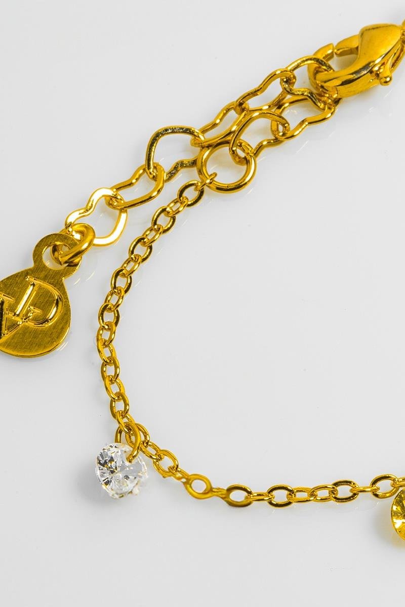 PULSEIRA INFANTIL COM ZIRCÔNIAS COLORIDAS PENDURADAS CORRENTE ELINHO 13CM OURO