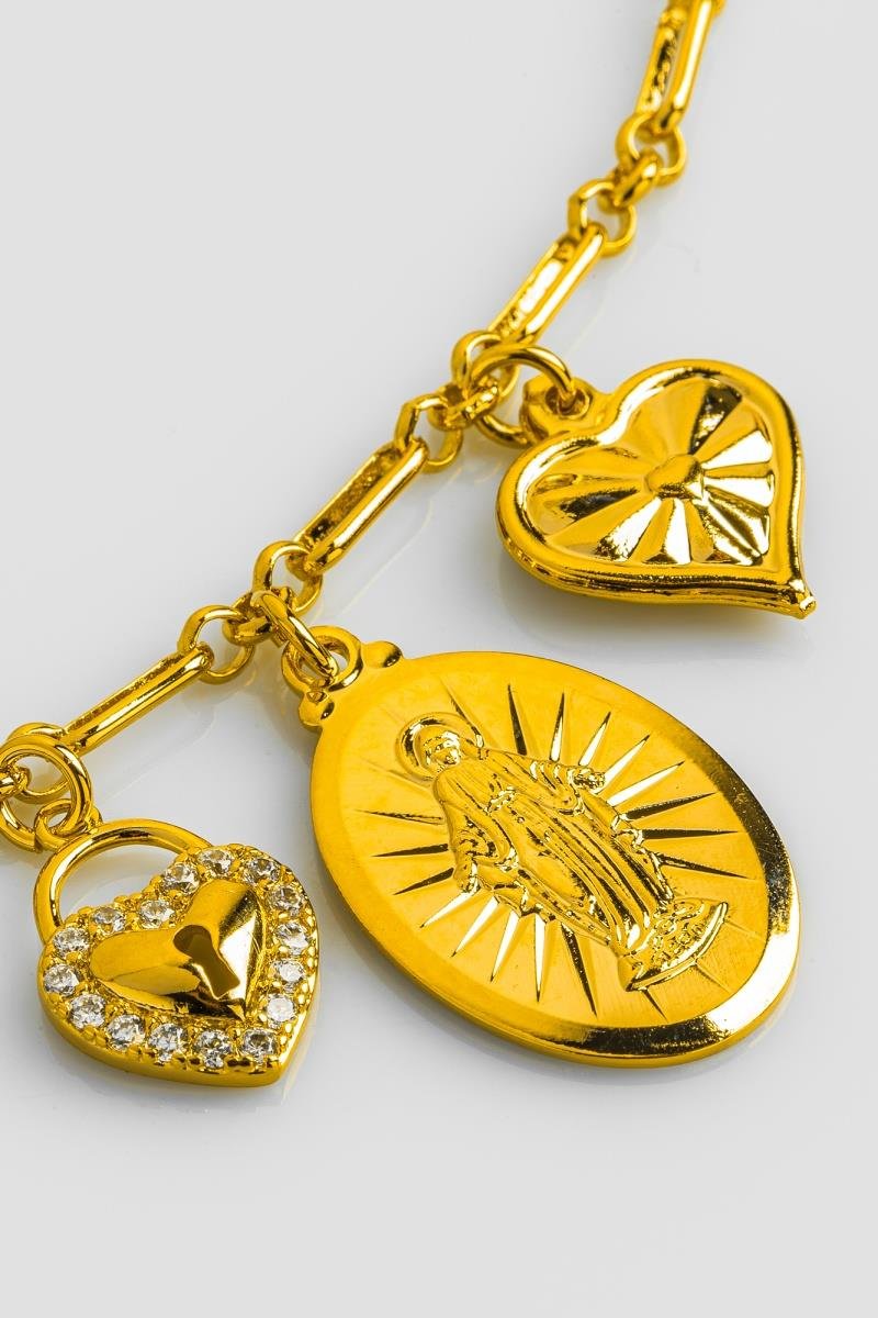 PULSEIRA NOSSA SENHORA DAS GRAÇAS CORAÇÃO COM ZIRCÔNIAS ELO OVAL 3X1 OURO