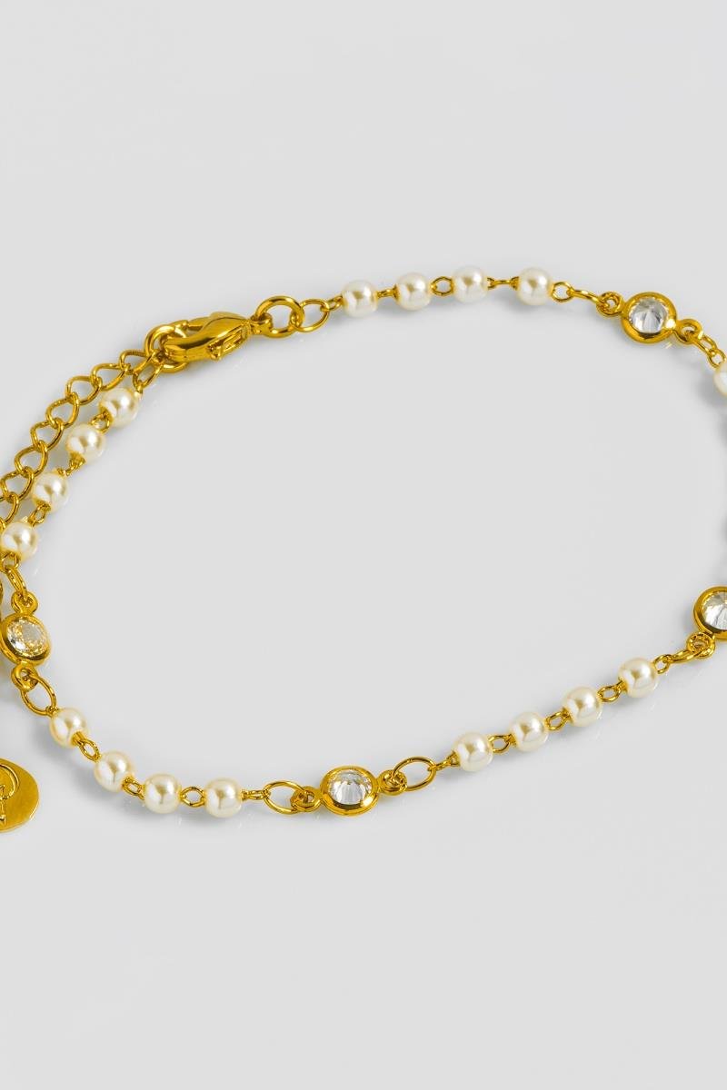 PULSEIRA PÉROLA ZIRCÔNIAS REDONDA CORRENTE ELINHO OURO