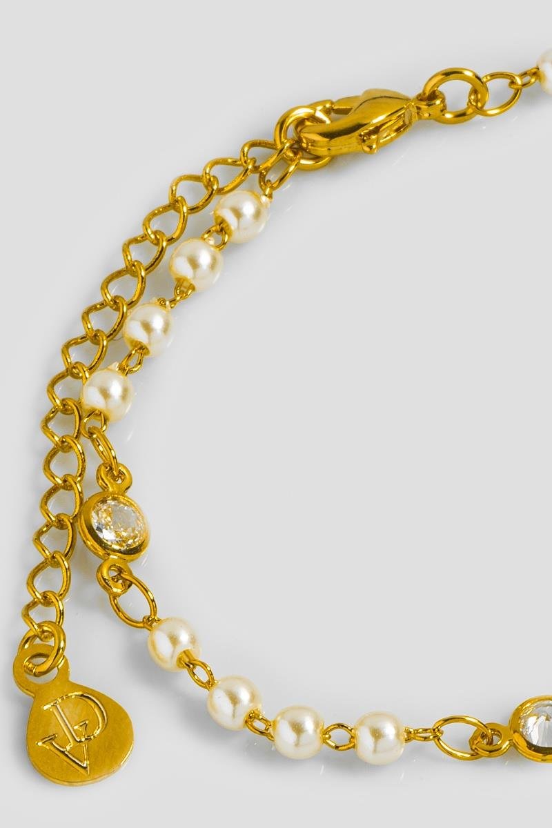 PULSEIRA PÉROLA ZIRCÔNIAS REDONDA CORRENTE ELINHO OURO