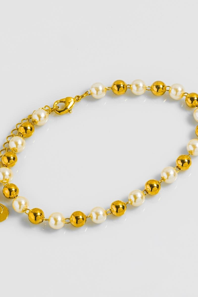 PULSEIRA PÉROLA 5MM BOLINHA LISA CORRENTE ELINHO OURO