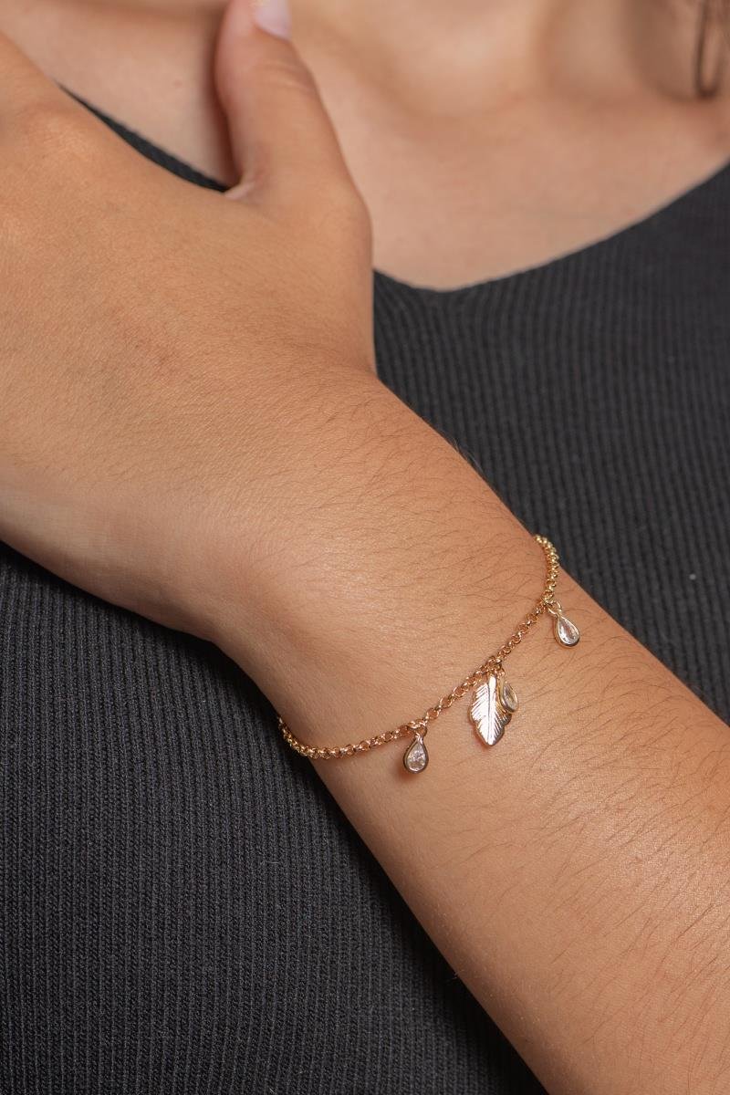 PULSEIRA COM GOTAS DE ZIRCÔNIA PINGENTE DE FOLHA ELO PORTUGUÊS OURO