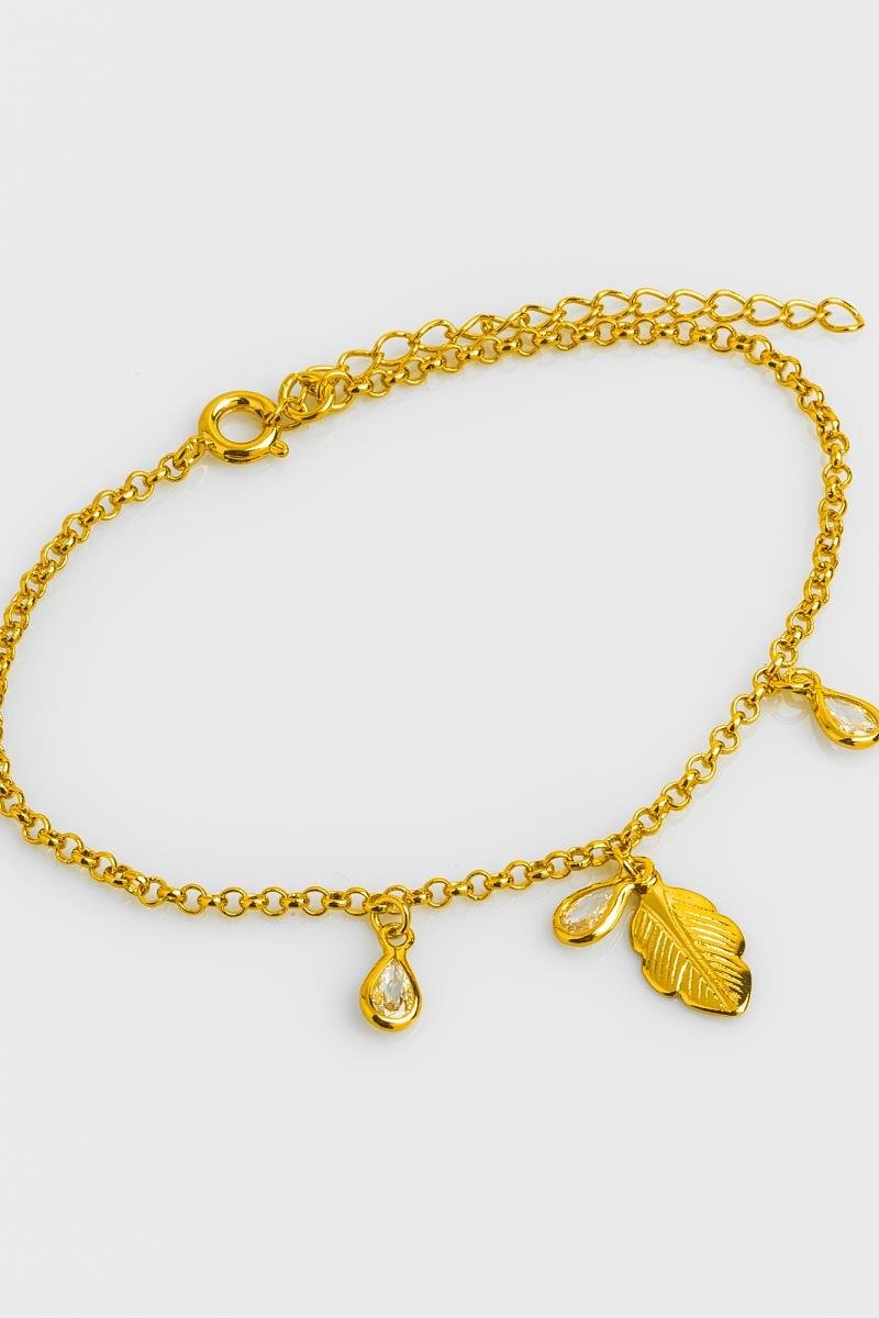 PULSEIRA COM GOTAS DE ZIRCÔNIA PINGENTE DE FOLHA ELO PORTUGUÊS OURO
