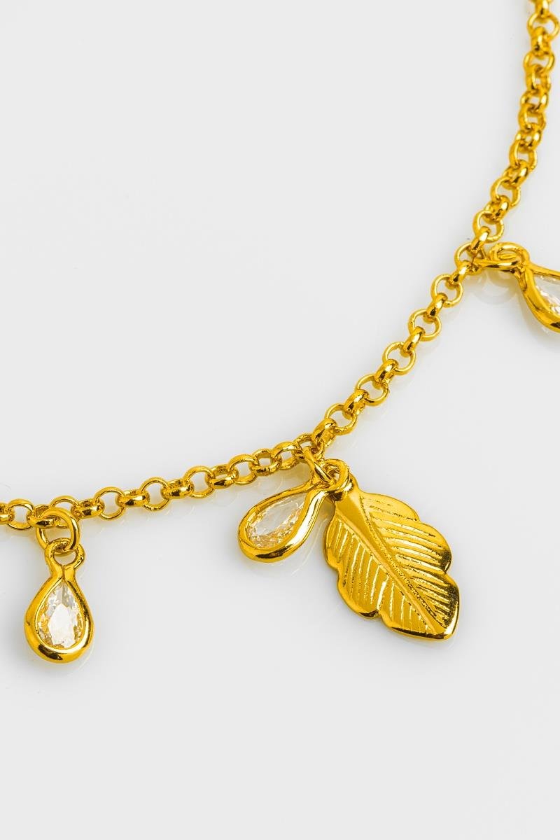 PULSEIRA COM GOTAS DE ZIRCÔNIA PINGENTE DE FOLHA ELO PORTUGUÊS OURO