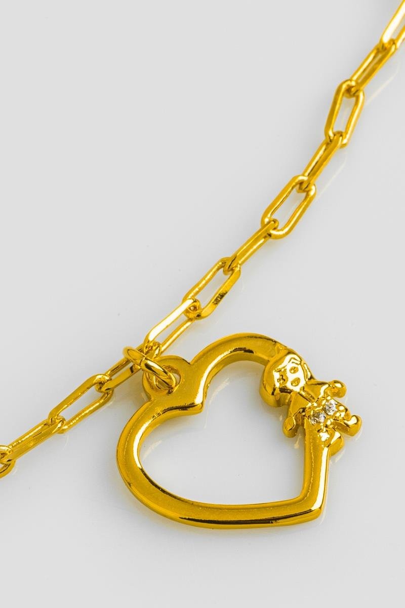 PULSEIRA MENINO COM ZIRCÔNIAS CORAÇÃO LISO VAZADO ELO OVAL OURO