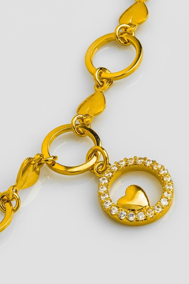 PULSEIRA DUPLA CORAÇÃO CRAVEJADO EM ZIRCÔNIAS VAZADO ELO REDONDO OURO
