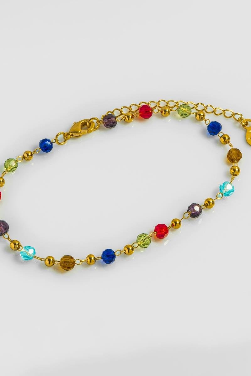 PULSEIRA DE CRISTAIS COLORIDO COM BOLINHA LISA CORRENTE DE ELINHO OURO