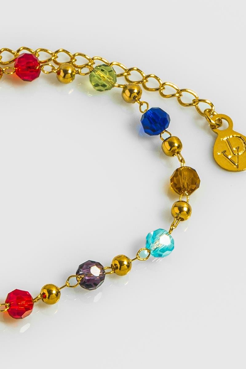 PULSEIRA DE CRISTAIS COLORIDO COM BOLINHA LISA CORRENTE DE ELINHO OURO