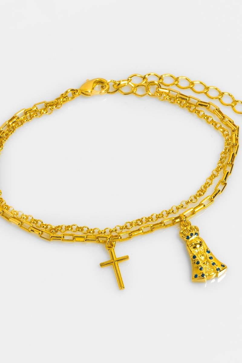 PULSEIRA DUPLA NOSSA SENHORA CRAVEJADA EM ZIRCÔNIAS CRUZ ELO PORTUGUÊS OURO