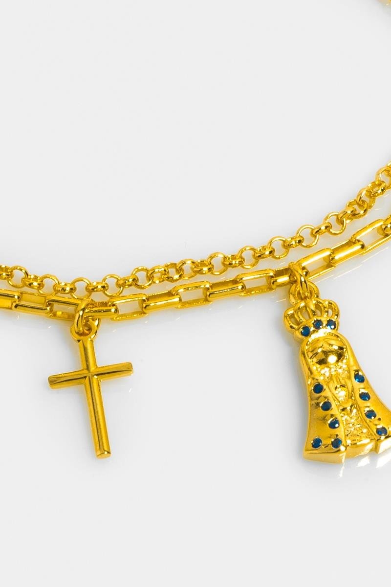 PULSEIRA DUPLA NOSSA SENHORA CRAVEJADA EM ZIRCÔNIAS CRUZ ELO PORTUGUÊS OURO