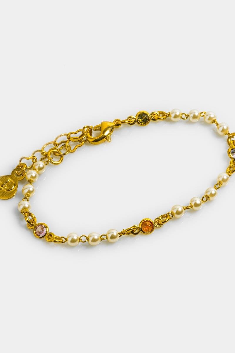 PULSEIRA INFANTIL DE PÉROLA COM ZIRCÔNIAS COLORIDAS REDONDA 13CM OURO