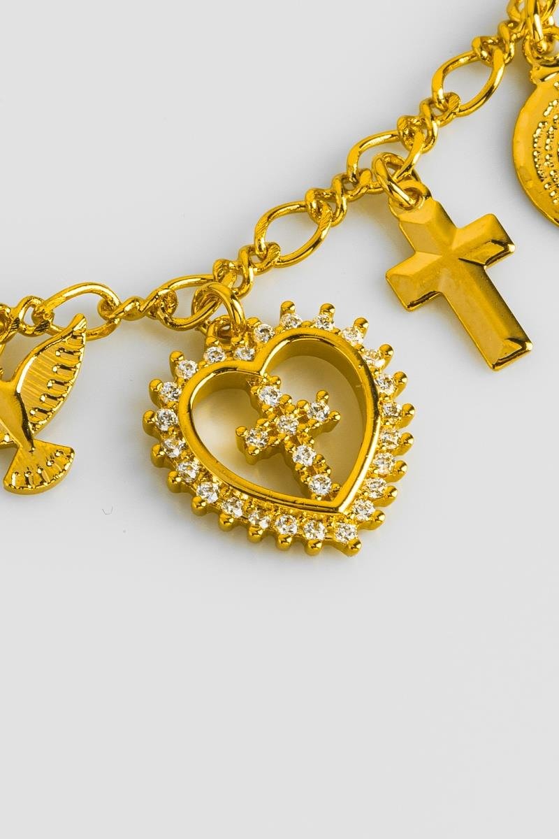 PULSEIRA PAI NOSSO PINGENTE SEJA LUZ CORAÇÃO CRAVEJADO EM ZIRCÔNIAS ELO OVAL INFINITO OURO