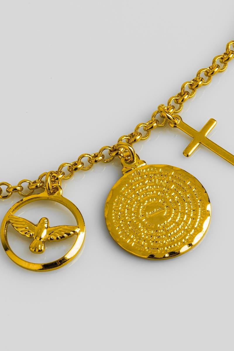 PULSEIRA PAI NOSSO COM DIVINO E CRUZ LISA ELO PORTUGUÊS OURO