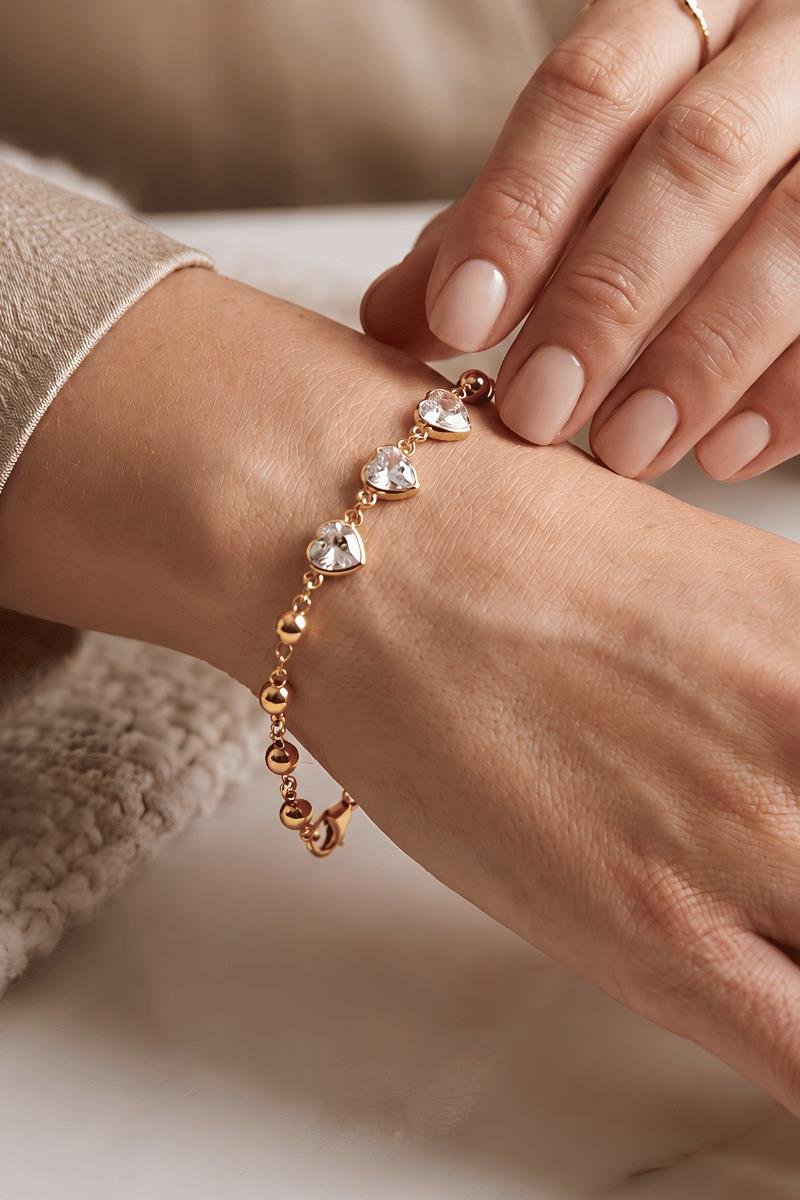 PULSEIRA TRIO CORAÇÃO DE ZIRCÔNIAS BOLINHA 4MM ELO OVAL OURO