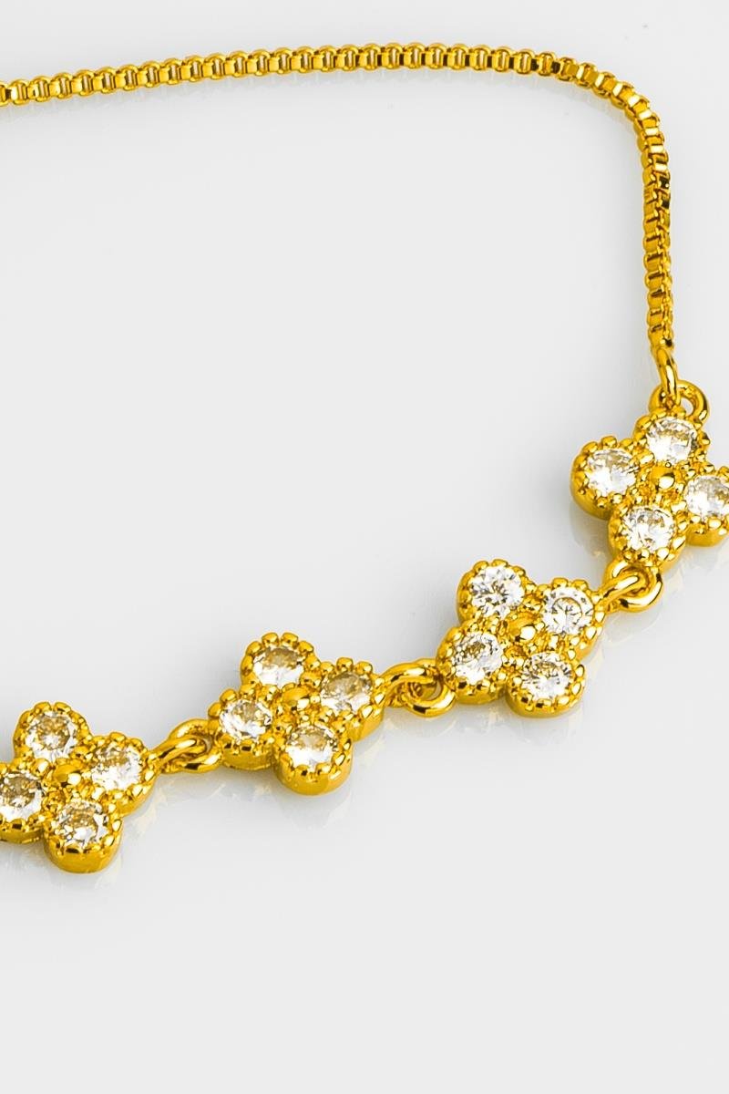PULSEIRA CINCO TREVOS COM ZIRCÔNIAS BOLEADO FECHO SILICONE AJUSTÁVEL VENEZIANA OURO