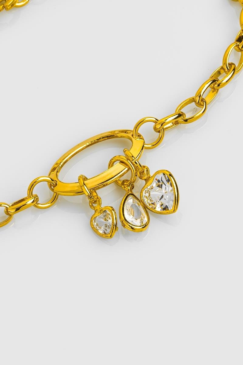 PULSEIRA ELO OVAL COM ZIRCÔNIAS DE CORAÇÃO E GOTA CRAVAÇÃO INGLESA OURO