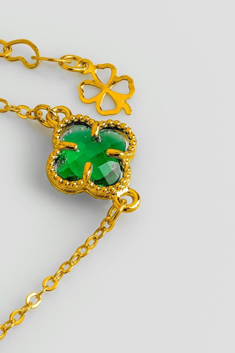 PULSEIRA TRIO TREVO CRISTAL VERDE ESMERALDA CORRENTE ELINHO OURO