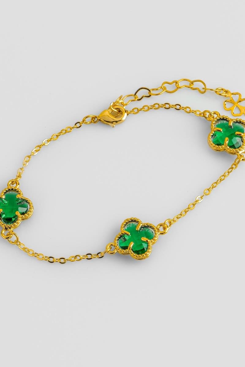 PULSEIRA TRIO TREVO CRISTAL VERDE ESMERALDA CORRENTE ELINHO OURO