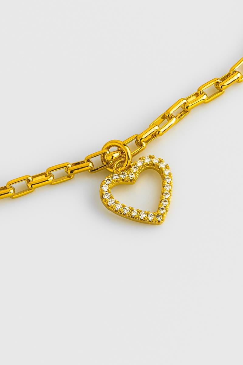 PULSEIRA CORAÇÃO CRAVEJADO EM ZIRCÔNIAS VAZADO ELO QUADRADO OURO